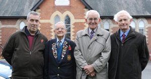 War veteran John Leishman pictured outside the Nicholson Memorial Hall where John slept when his regiment was billeted in Lisburn in 1940/41.  Included are Maurice Leathem (Past Branch Chairman of Lisburn Royal British Legion) and Norman McMaster and David Walker.  
